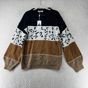 Angashion Color Block Leopard Print Knit Pullover Sweater,‎ Size S